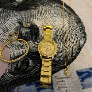 6-Piece Jewelry Set: 1 Golden Quartz Watch & 5 Rhinestone Chain Bracelet